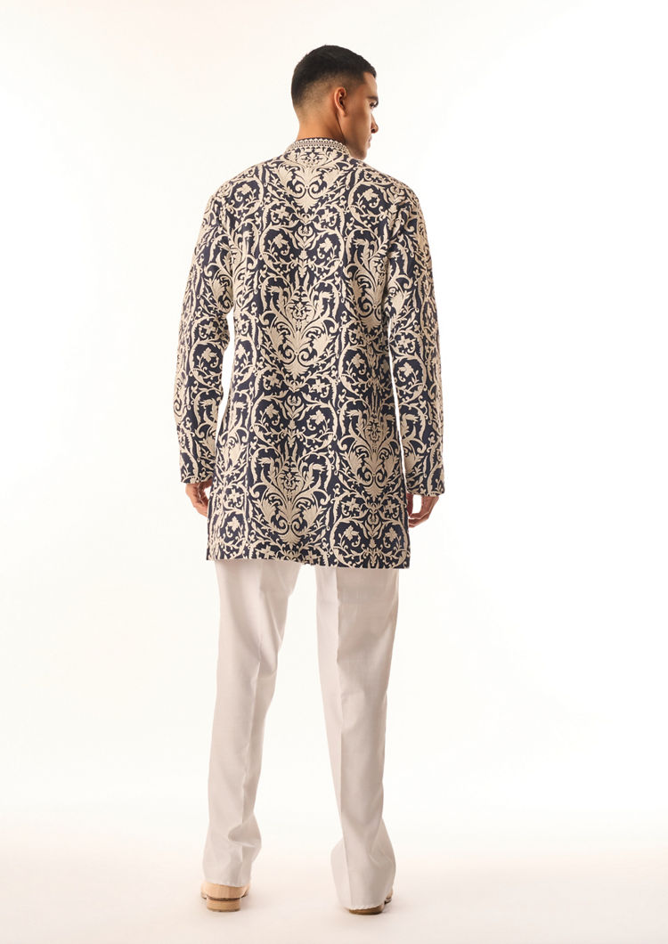 Twamev Men Dark Blue Georgette Kurta Set with Print