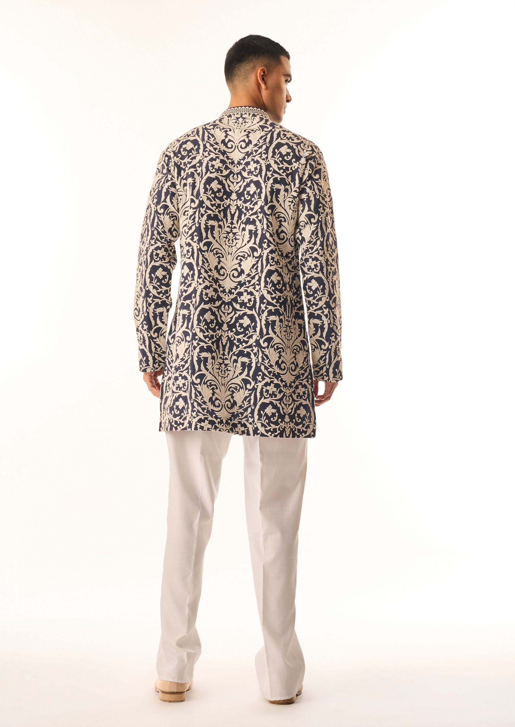 Twamev Men Dark Blue Georgette Kurta Set with Print