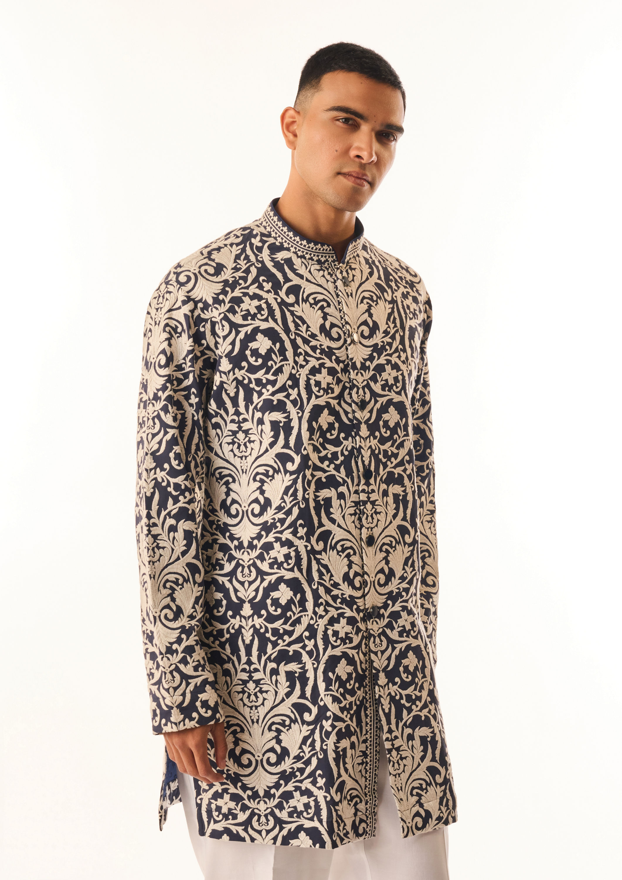 Twamev Men Dark Blue Georgette Kurta Set with Print