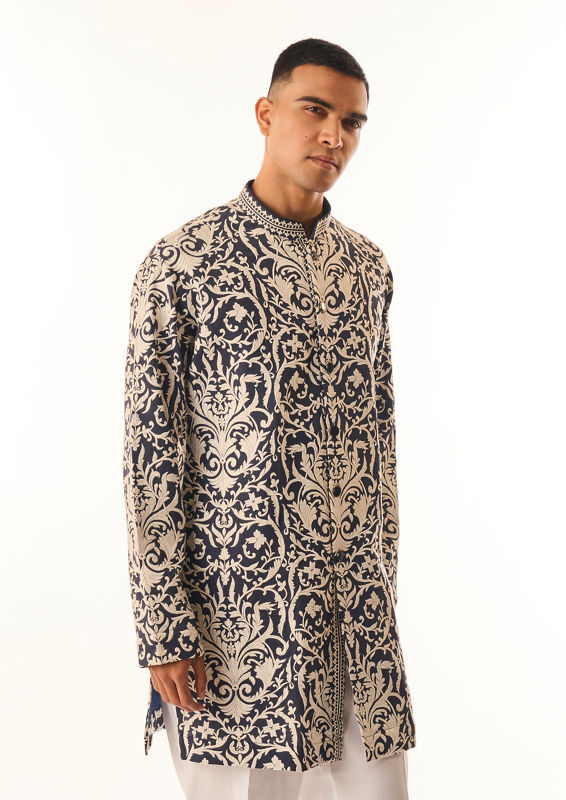 Twamev Men Dark Blue Georgette Kurta Set with Print