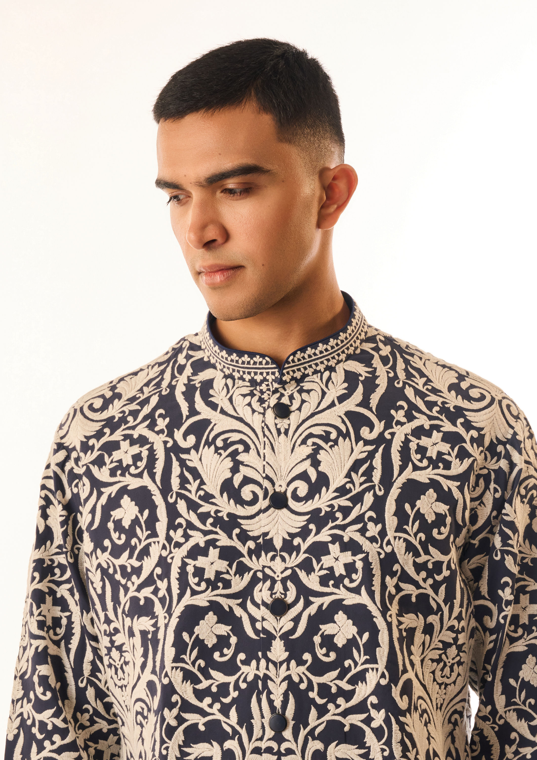 Twamev Men Dark Blue Georgette Kurta Set with Print