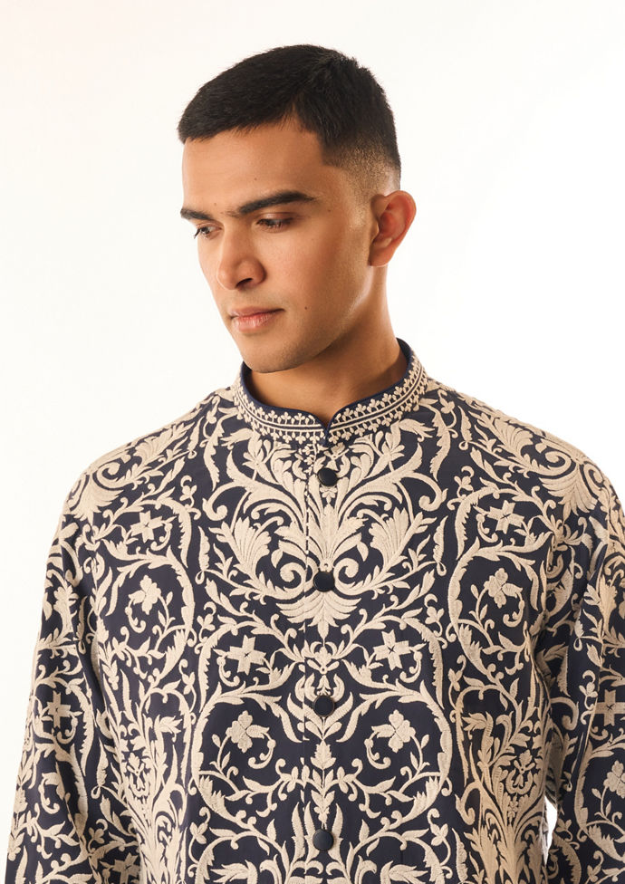Twamev Men Dark Blue Georgette Kurta Set with Print