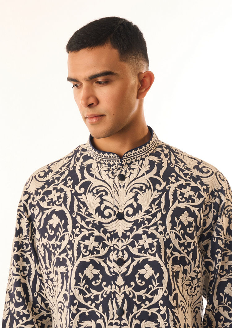 Twamev Men Dark Blue Georgette Kurta Set with Print