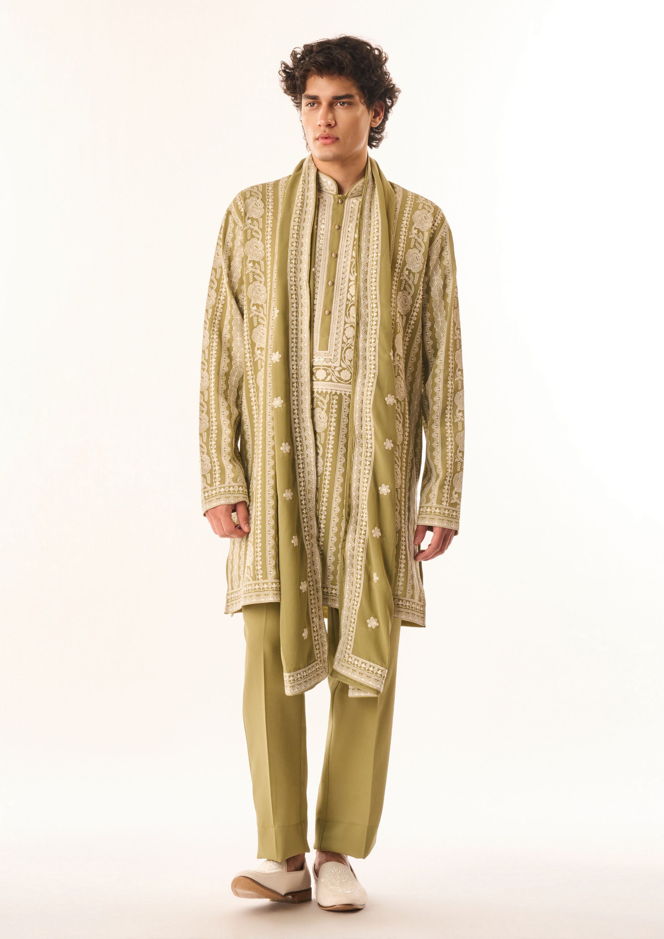 Twamev Men Light Mid Green Georgette Kurta Set with Embroidery