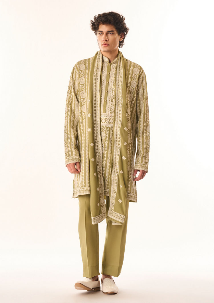 Twamev Men Light Mid Green Georgette Kurta Set with Embroidery