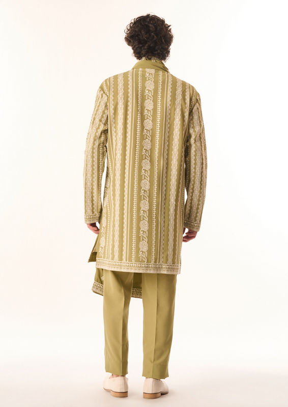 Twamev Men Light Mid Green Georgette Kurta Set with Embroidery