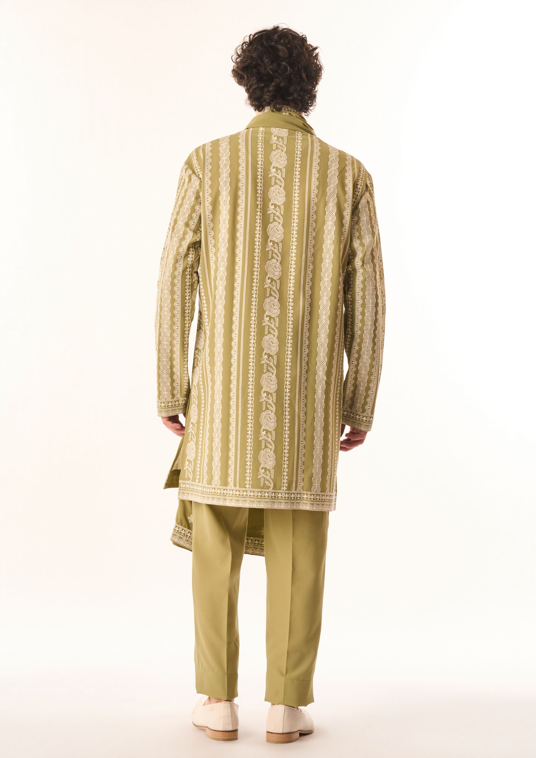 Twamev Men Light Mid Green Georgette Kurta Set with Embroidery