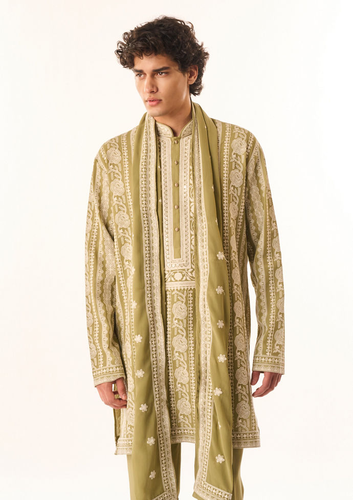 Twamev Men Light Mid Green Georgette Kurta Set with Embroidery