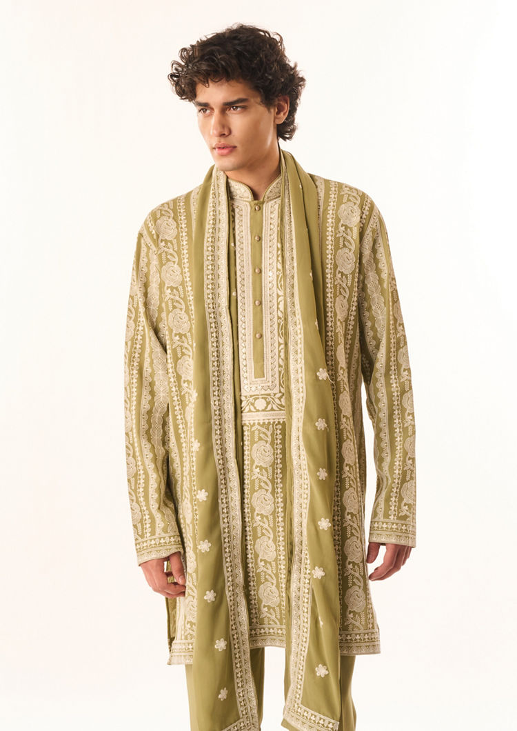 Twamev Men Light Mid Green Georgette Kurta Set with Embroidery