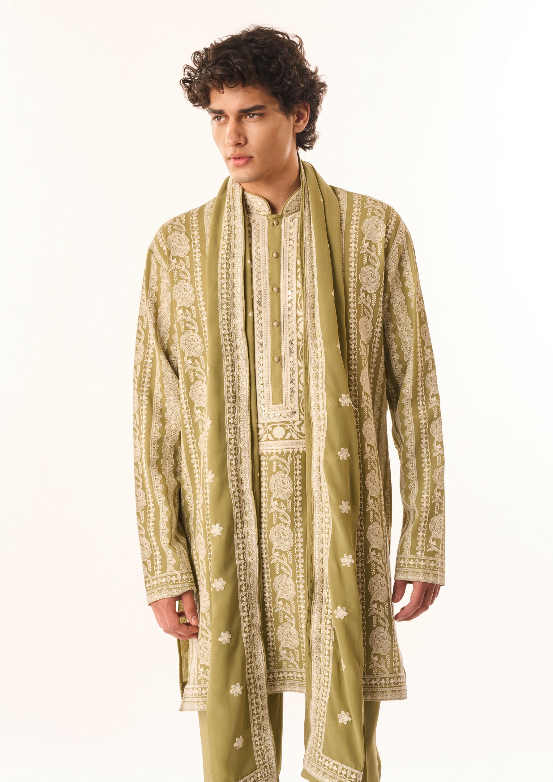 Twamev Men Light Mid Green Georgette Kurta Set with Embroidery