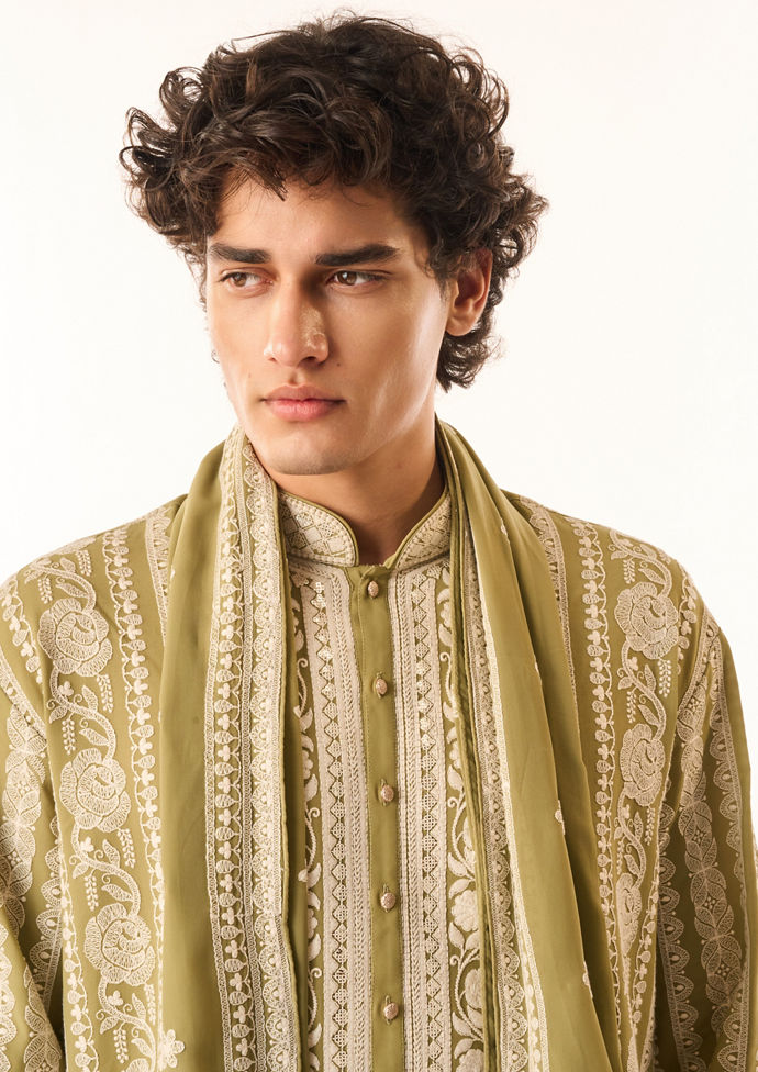 Twamev Men Light Mid Green Georgette Kurta Set with Embroidery