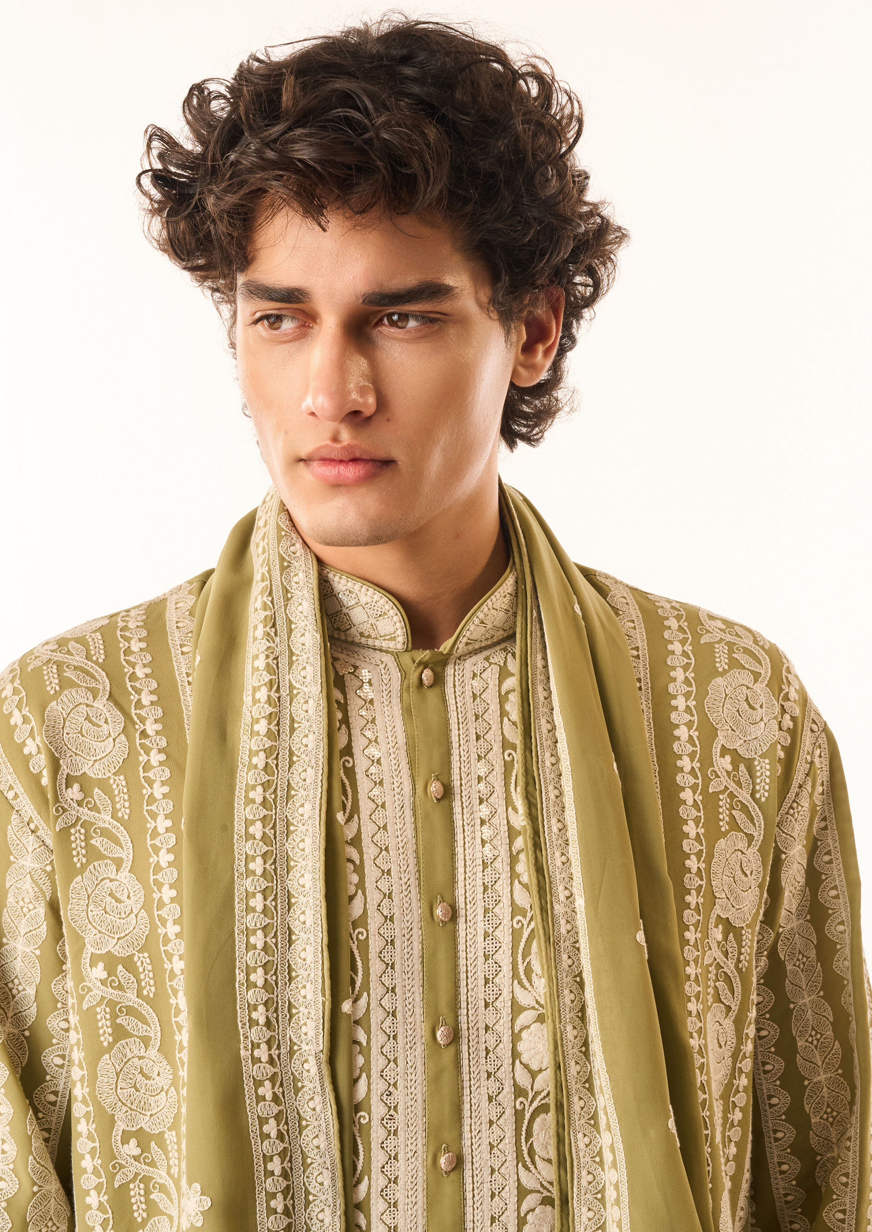 Twamev Men Light Mid Green Georgette Kurta Set with Embroidery