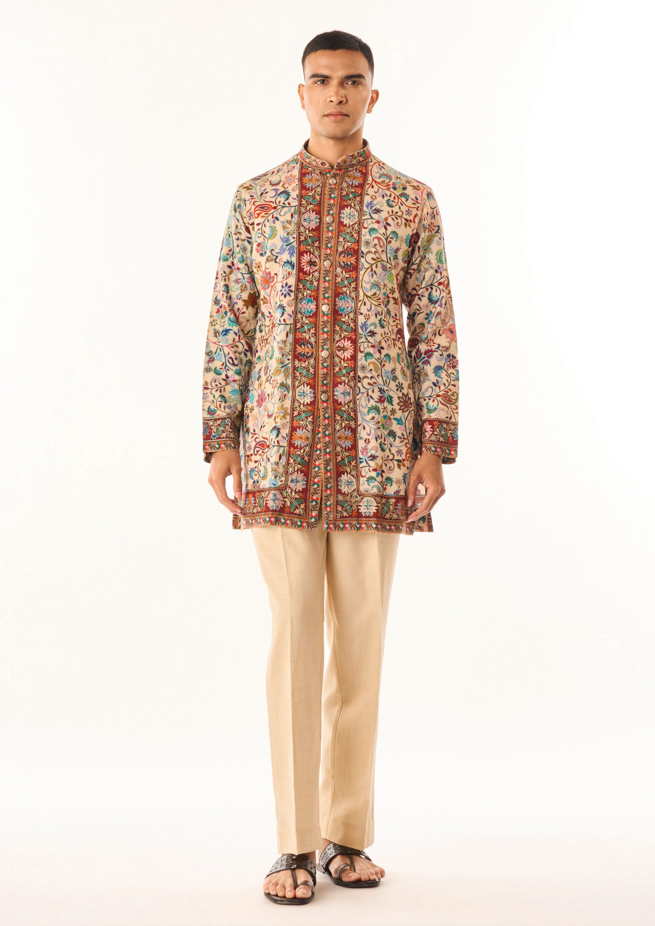 Twamev Men Beige Art Silk Kurta Set with Embroidery