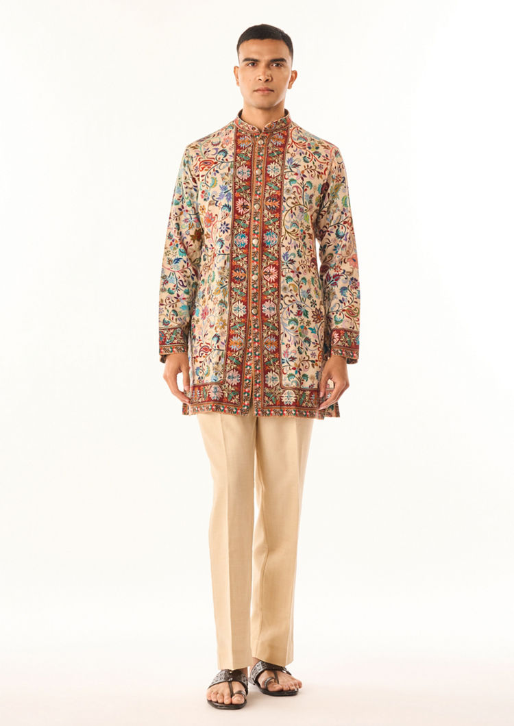 Twamev Men Beige Art Silk Kurta Set with Embroidery