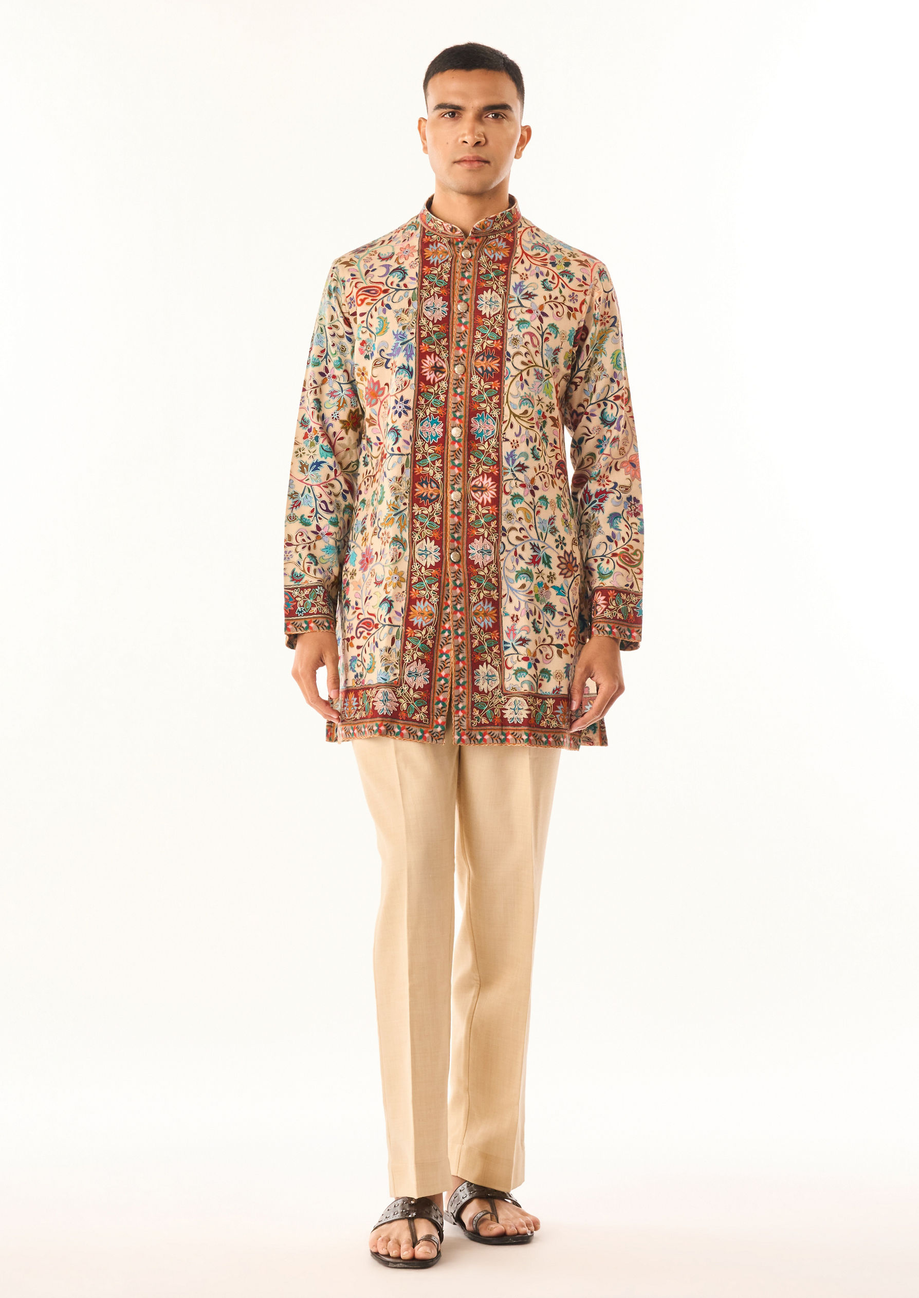 Twamev Men Beige Art Silk Kurta Set with Embroidery