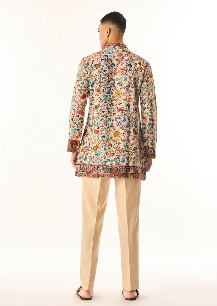 Twamev Men Beige Art Silk Kurta Set with Embroidery