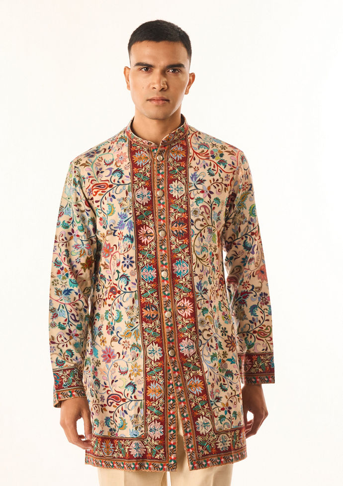 Twamev Men Beige Art Silk Kurta Set with Embroidery