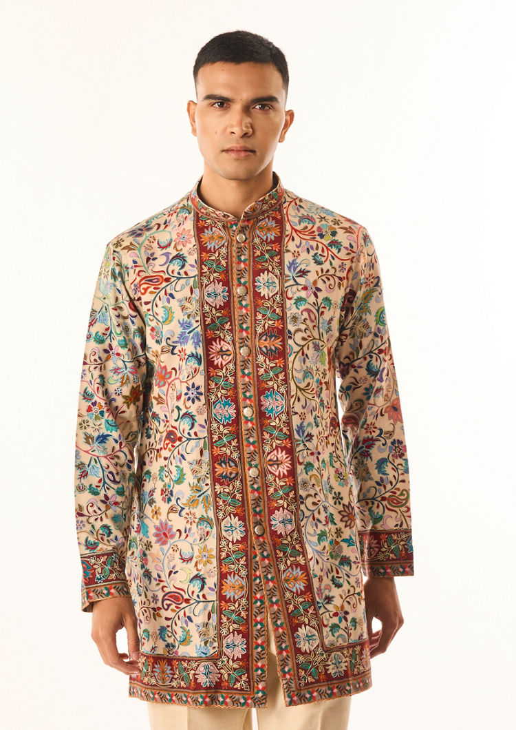 Twamev Men Beige Art Silk Kurta Set with Embroidery