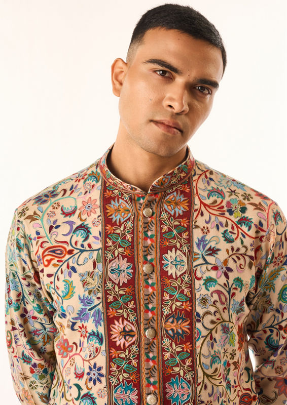 Twamev Men Beige Art Silk Kurta Set with Embroidery