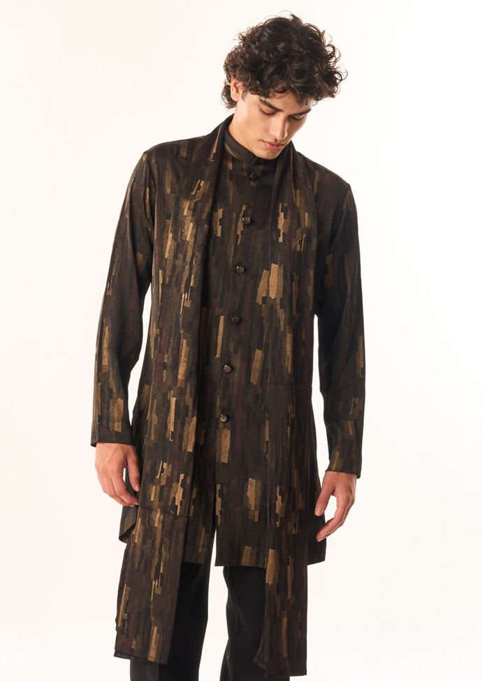 Twamev Men Black Crepe Kurta Set with Print