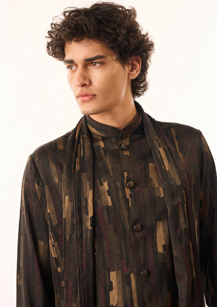 Twamev Men Black Crepe Kurta Set with Print