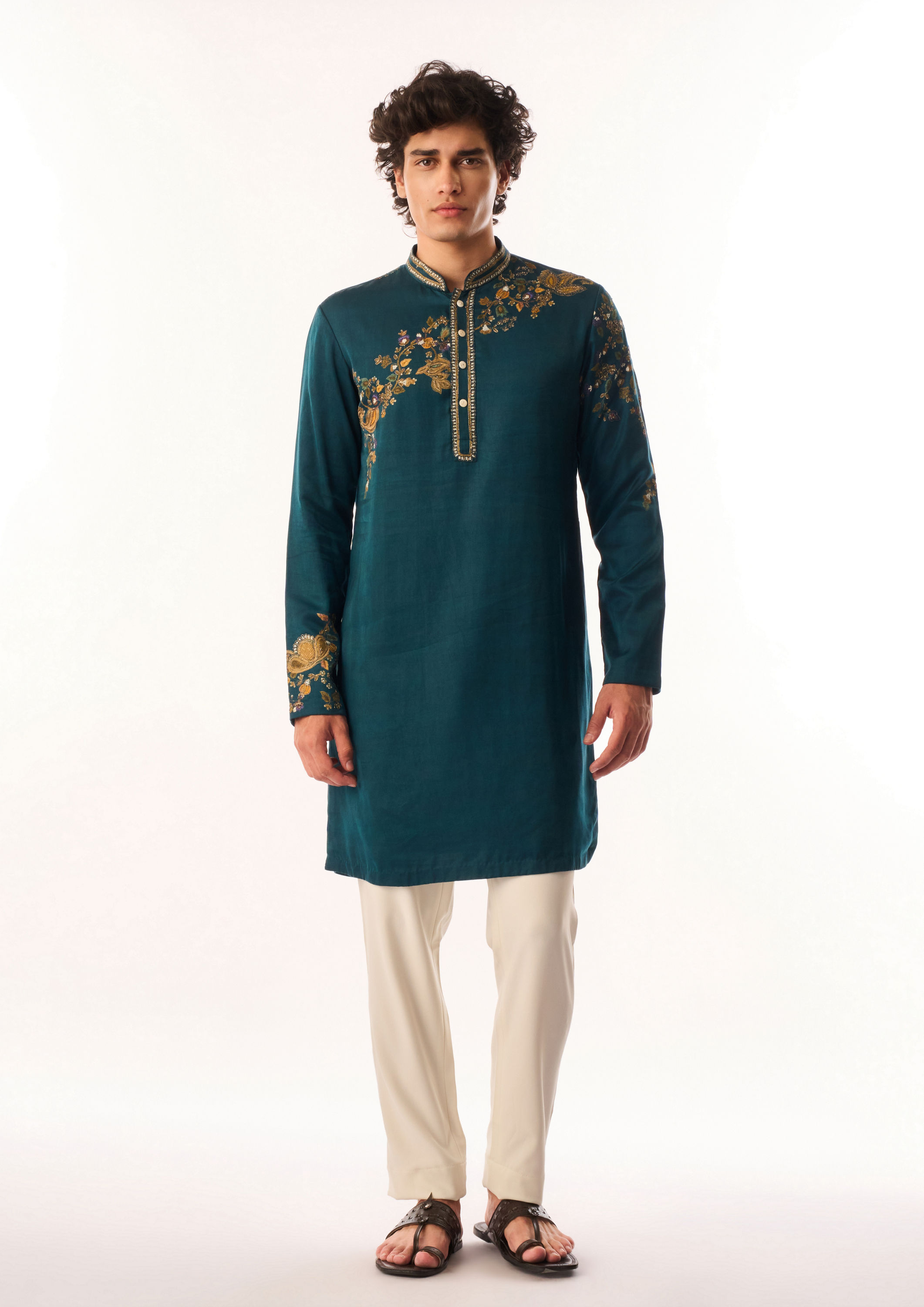 Twamev Men Teal Blue Satin Kurta Set with Embroidery