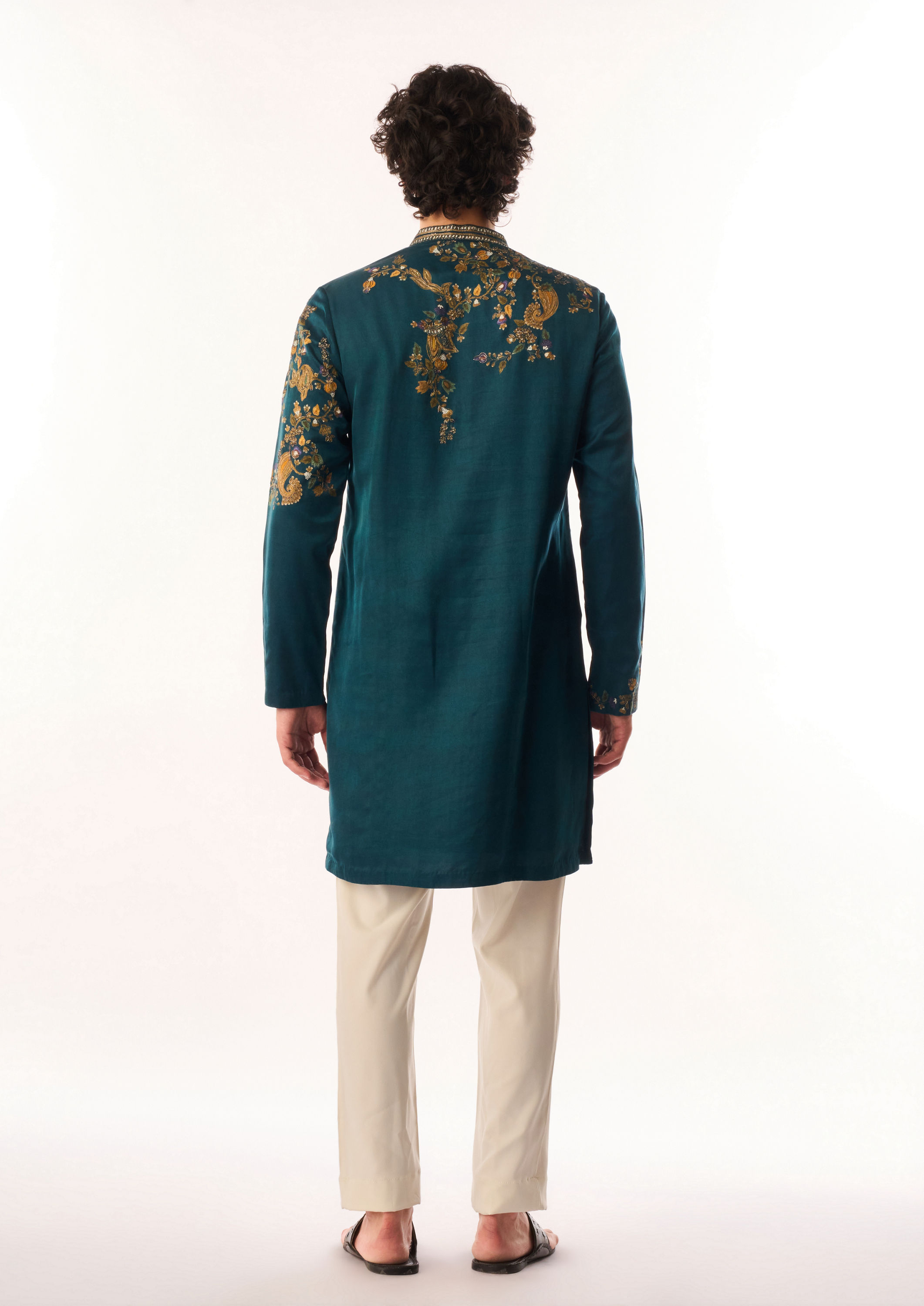 Twamev Men Teal Blue Satin Kurta Set with Embroidery