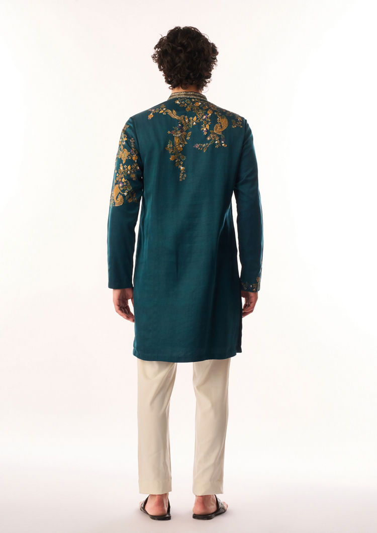 Twamev Men Teal Blue Satin Kurta Set with Embroidery