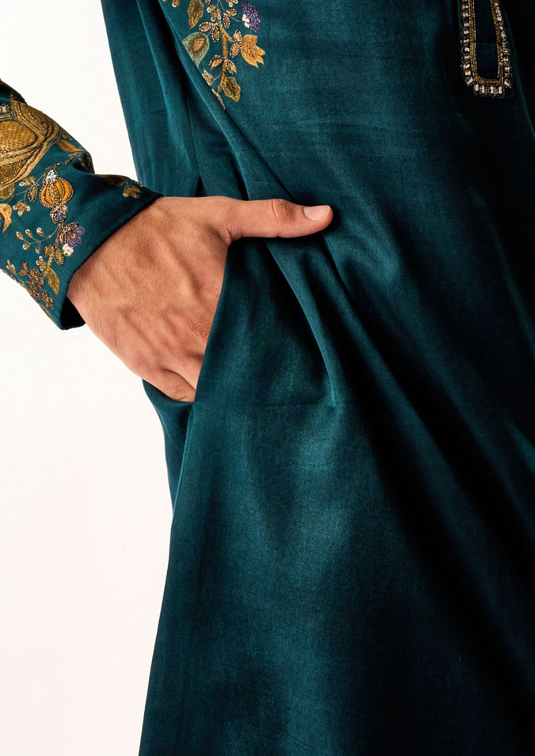 Twamev Men Teal Blue Satin Kurta Set with Embroidery