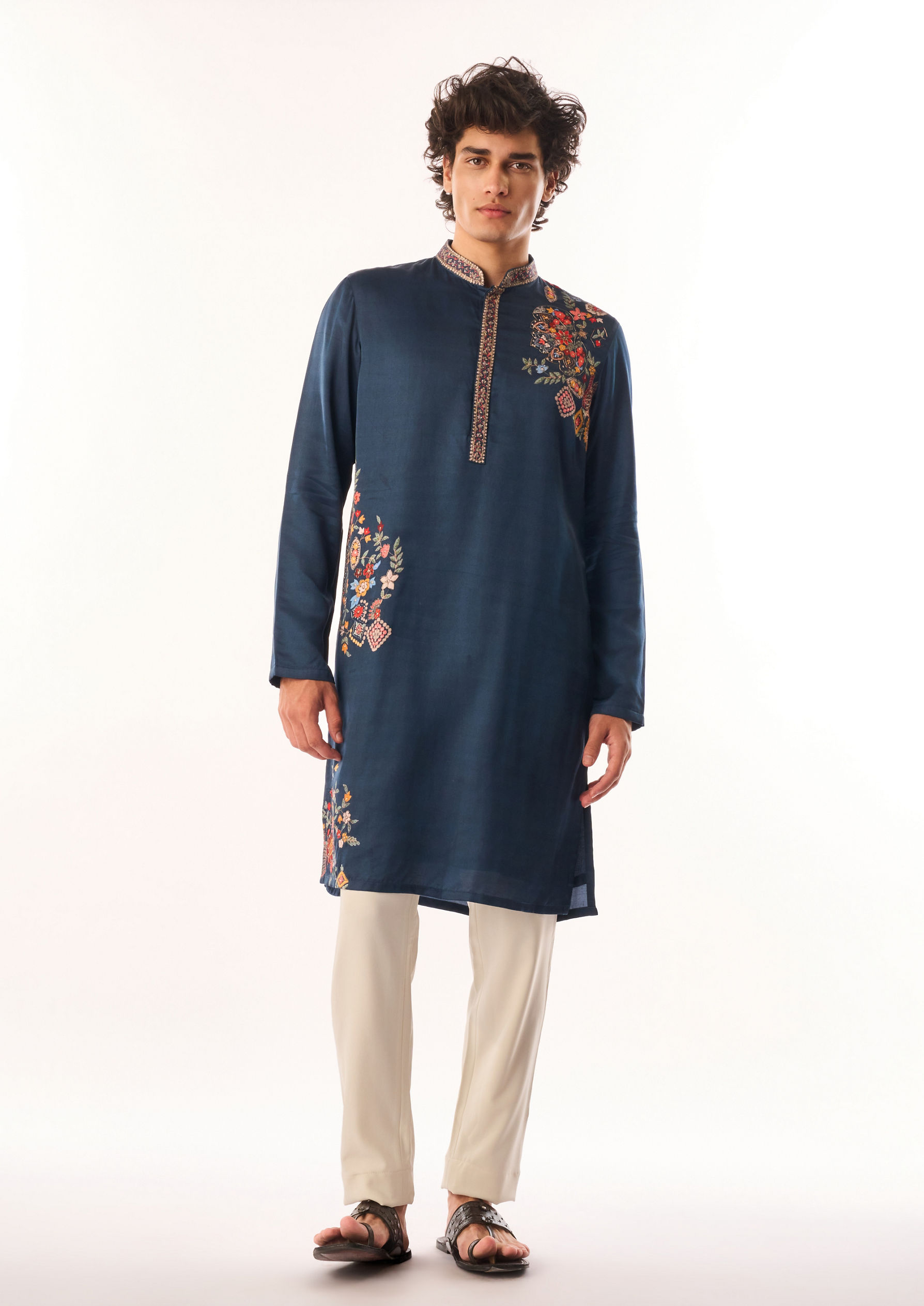 Twamev Men Dark Blue Satin Kurta Set with Embroidery