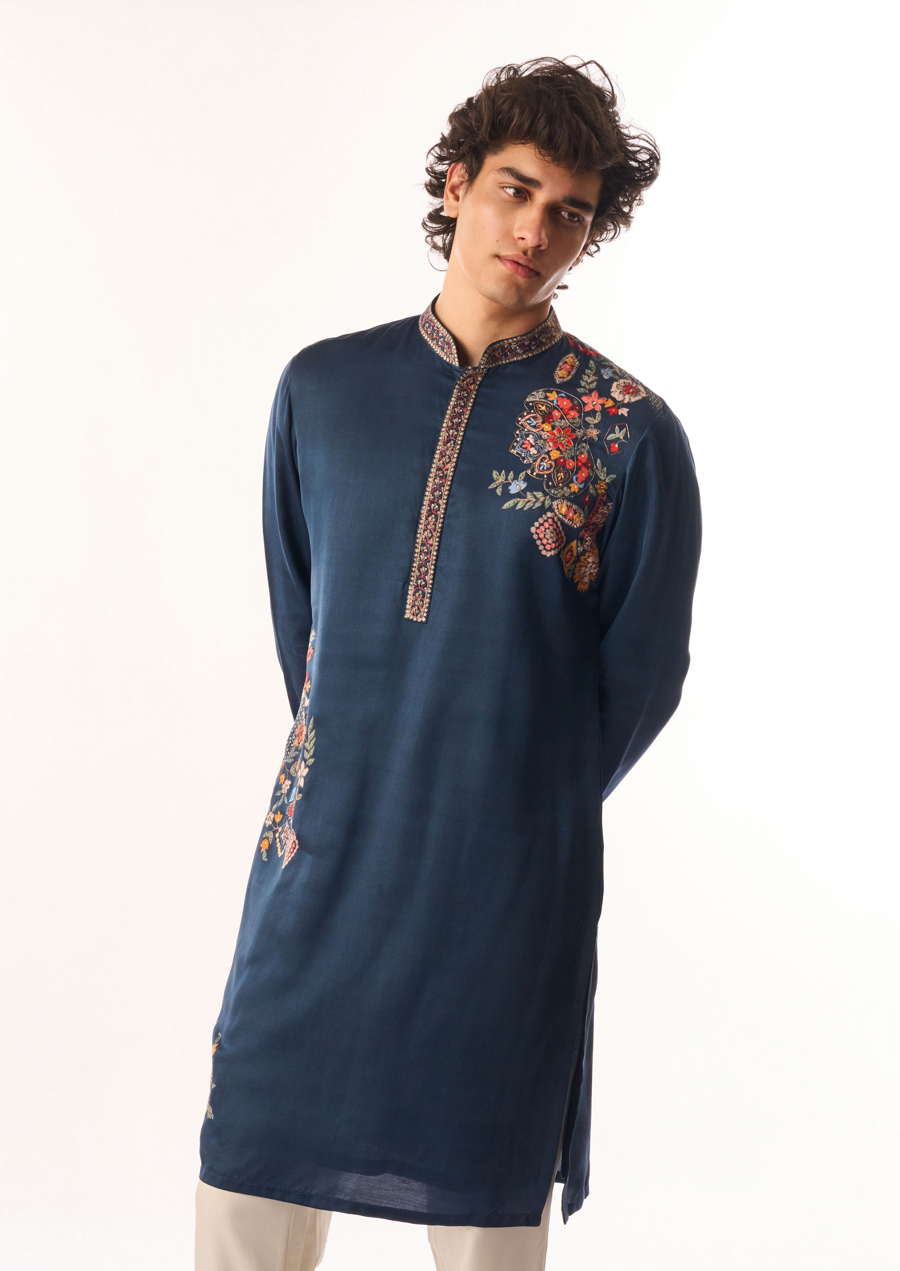 Twamev Men Dark Blue Satin Kurta Set with Embroidery