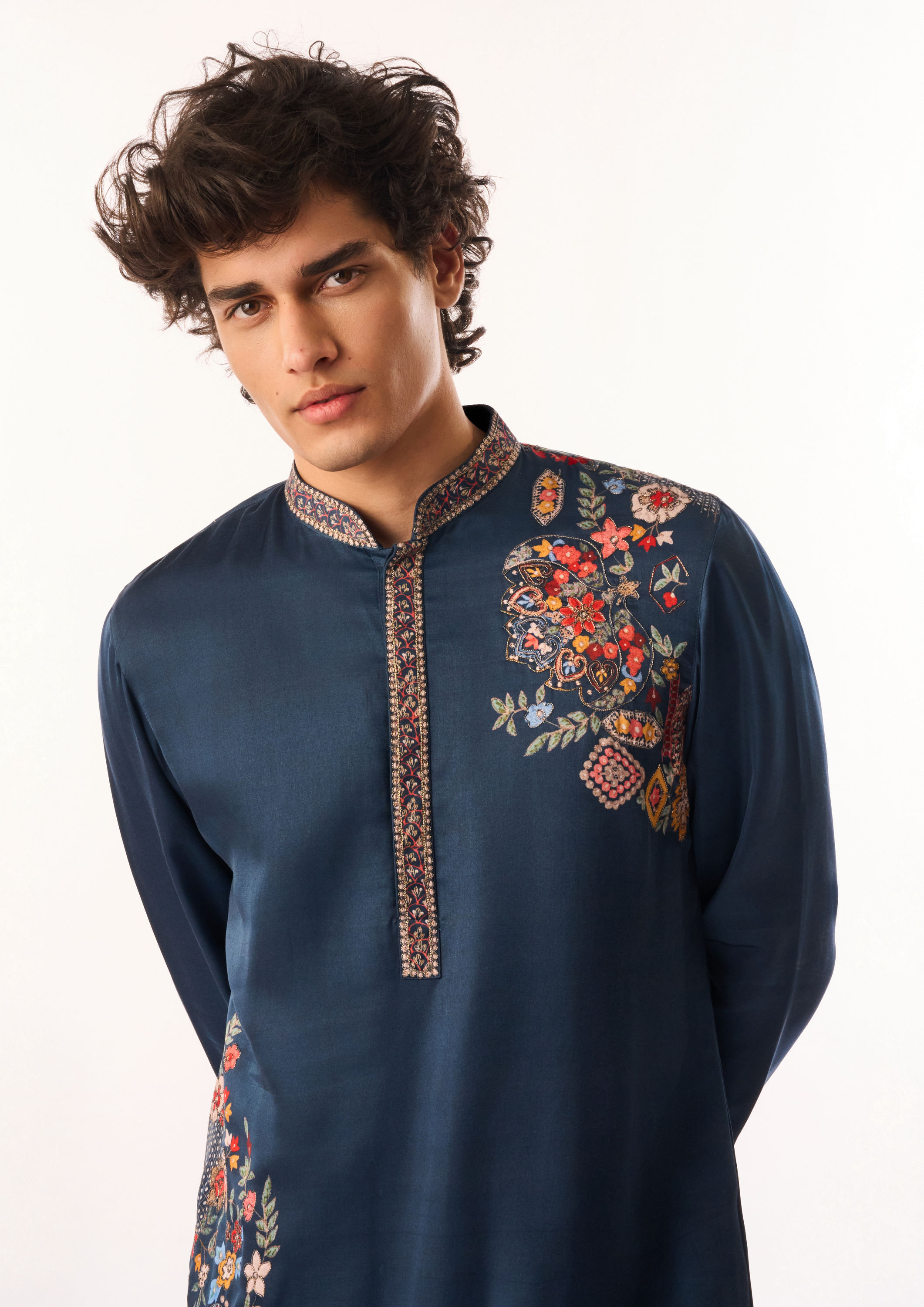 Twamev Men Dark Blue Satin Kurta Set with Embroidery