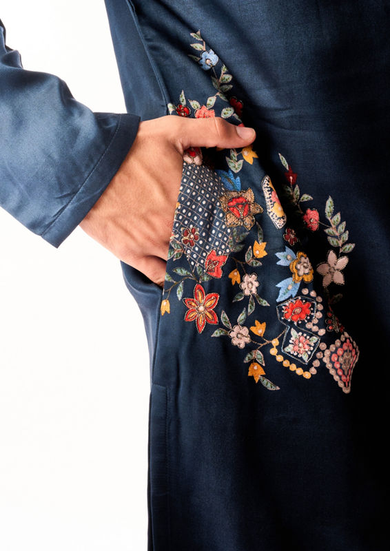 Twamev Men Dark Blue Satin Kurta Set with Embroidery