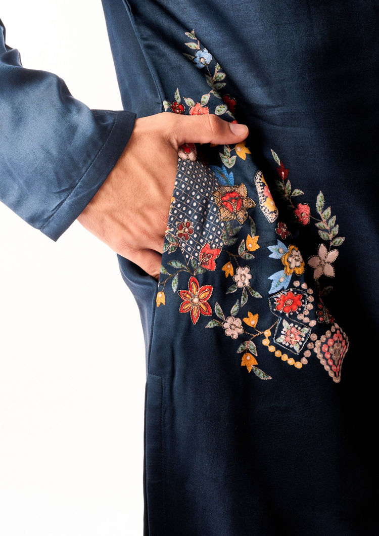 Twamev Men Dark Blue Satin Kurta Set with Embroidery