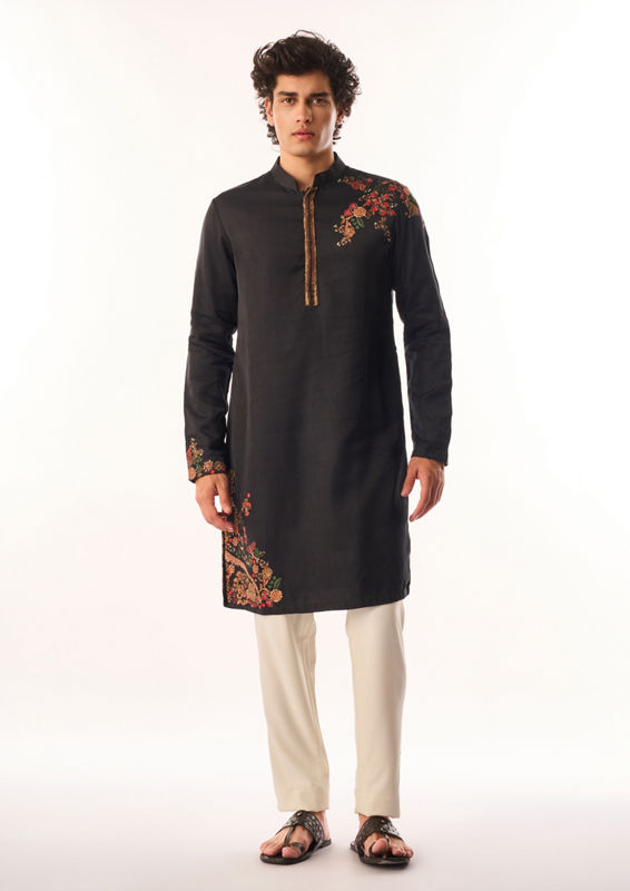 Twamev Men Black Satin Kurta Set with Embroidery