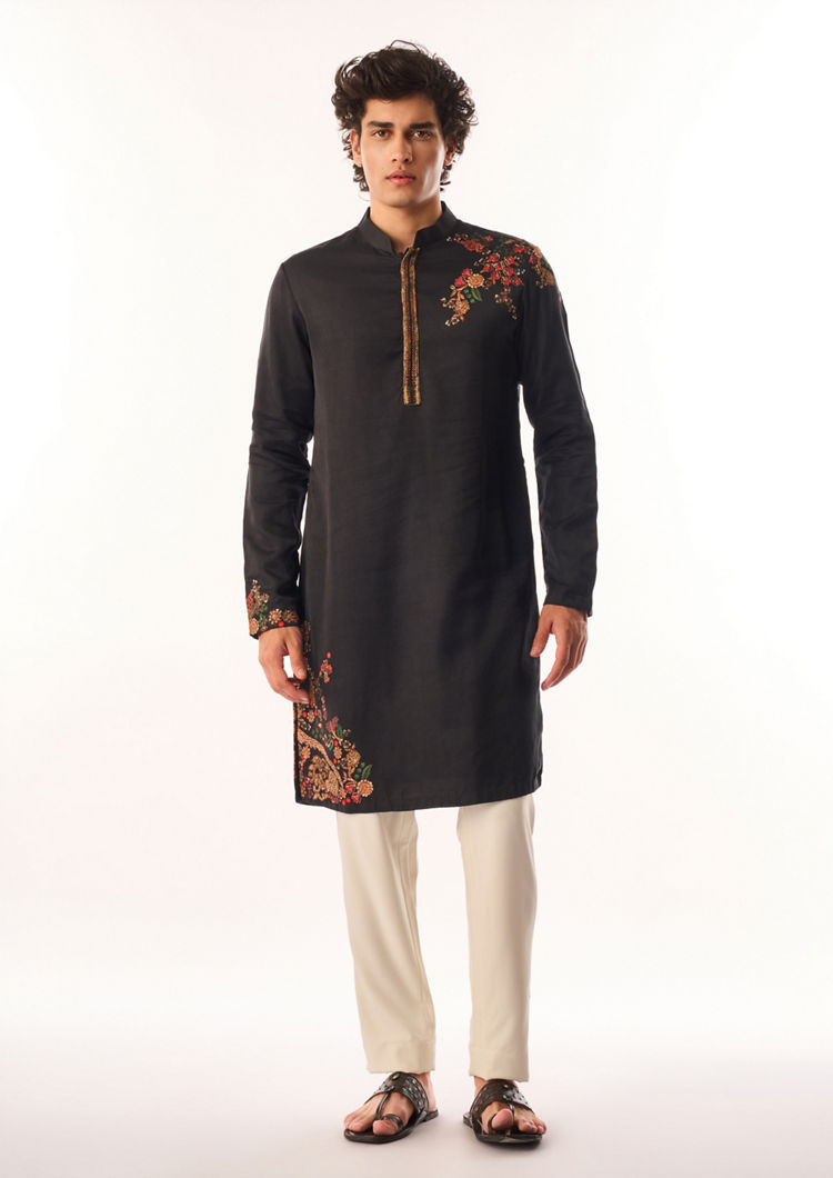 Twamev Men Black Satin Kurta Set with Embroidery