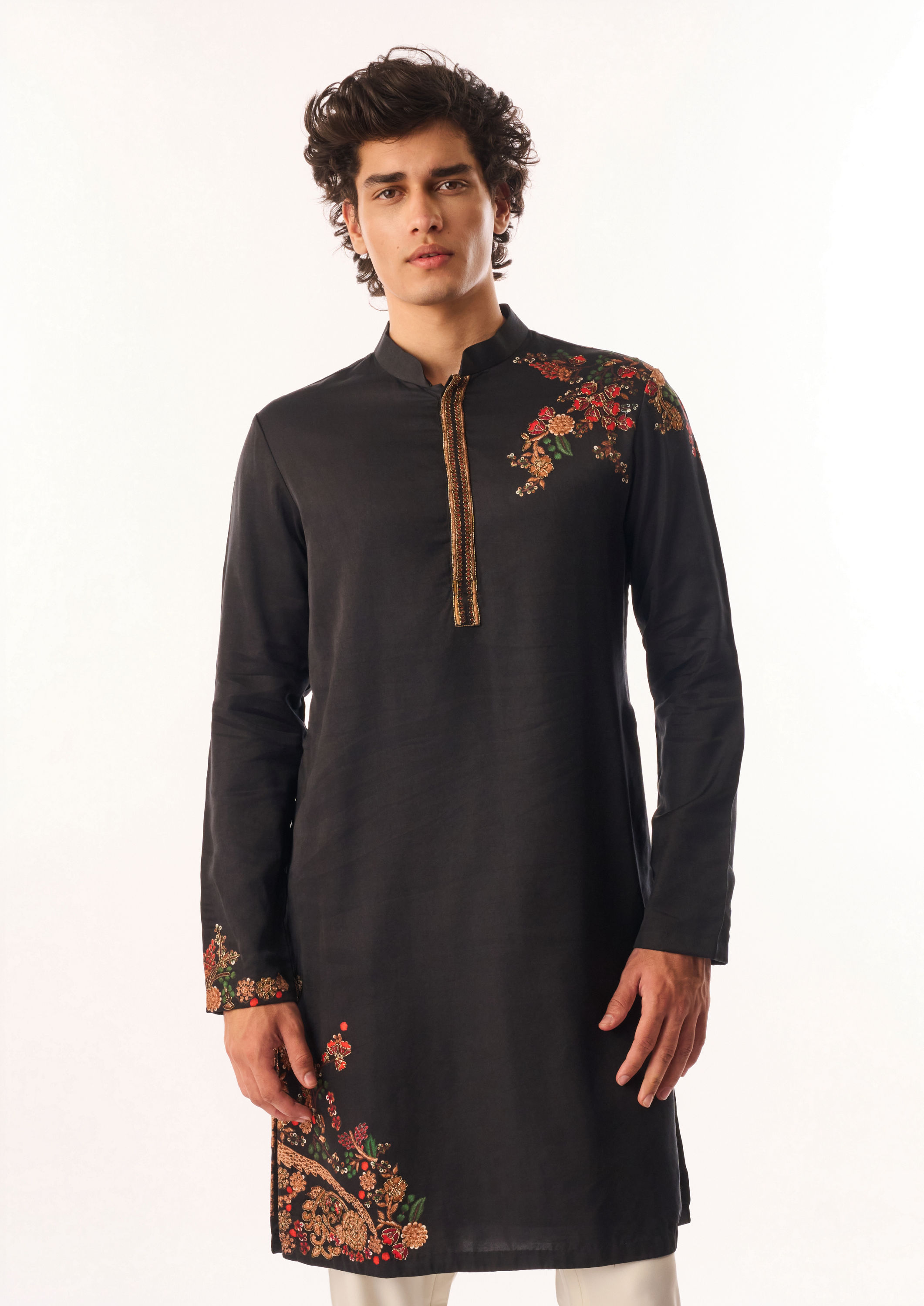 Twamev Men Black Satin Kurta Set with Embroidery
