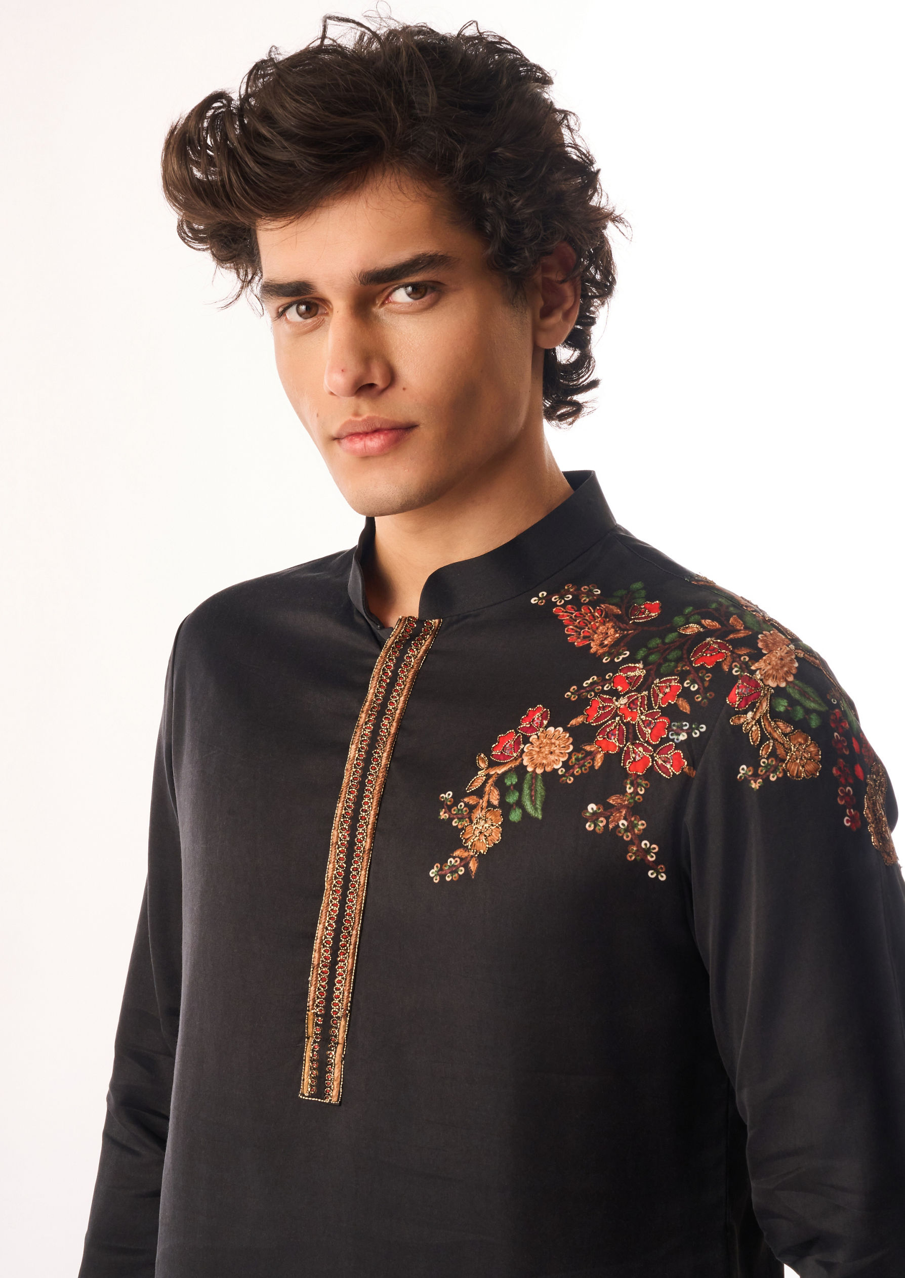 Twamev Men Black Satin Kurta Set with Embroidery