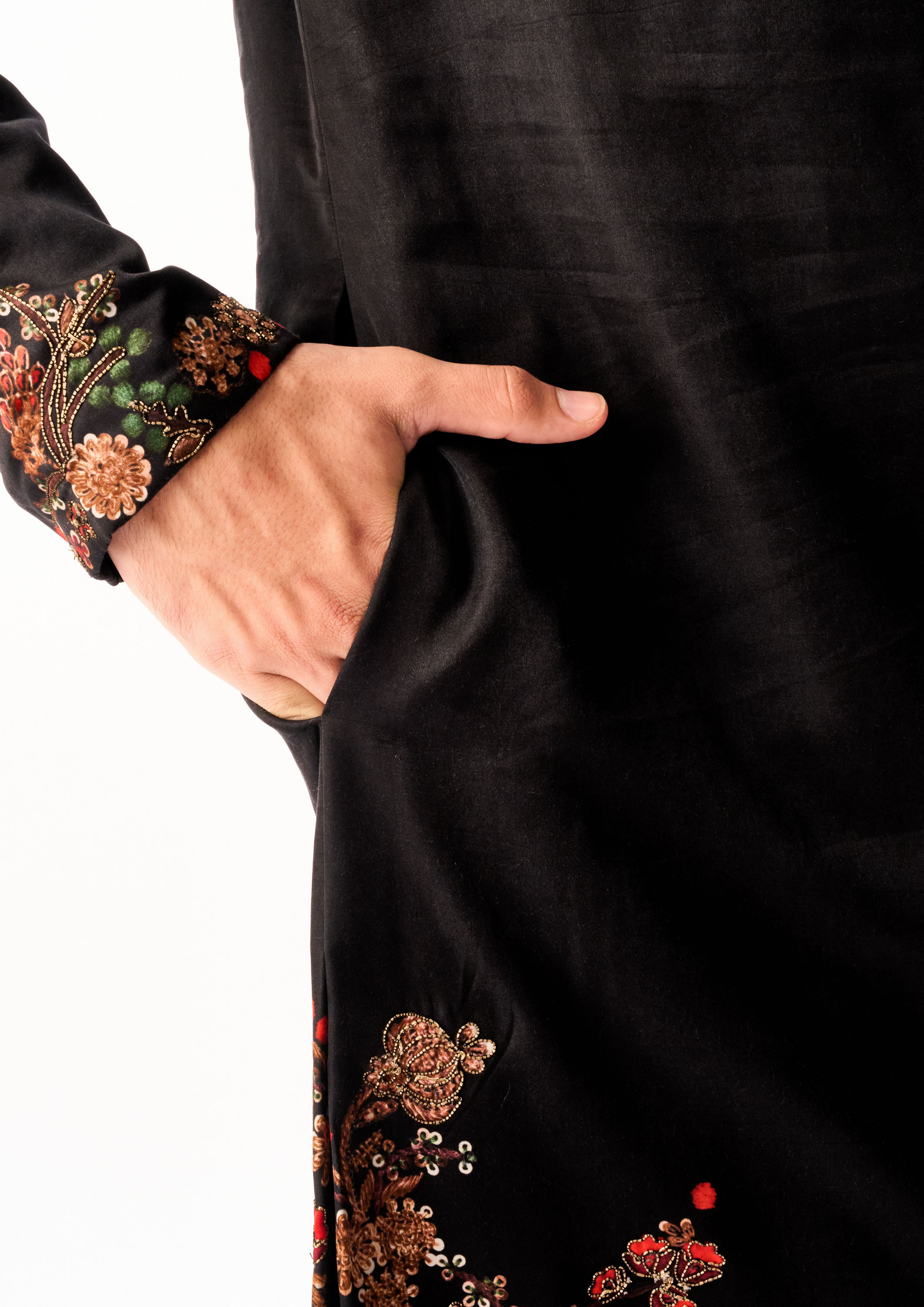 Twamev Men Black Satin Kurta Set with Embroidery