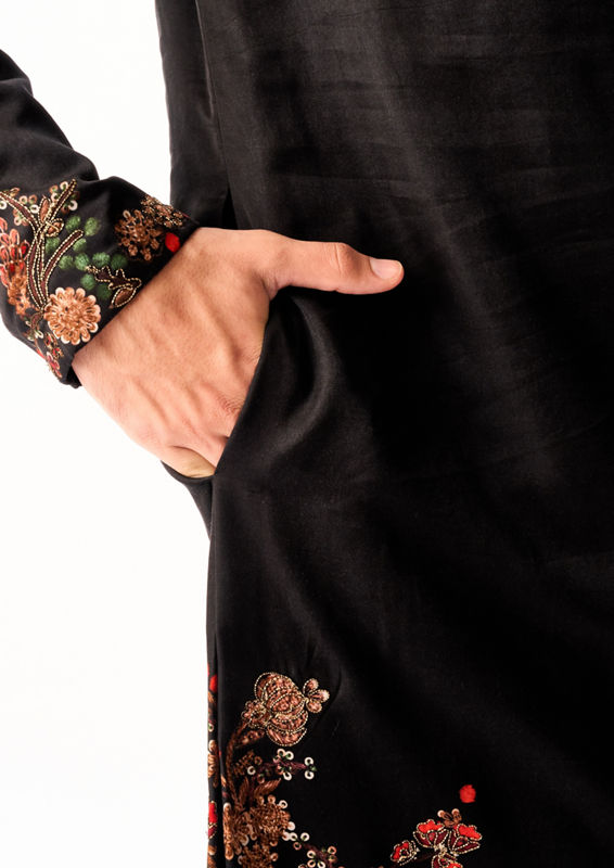 Twamev Men Black Satin Kurta Set with Embroidery