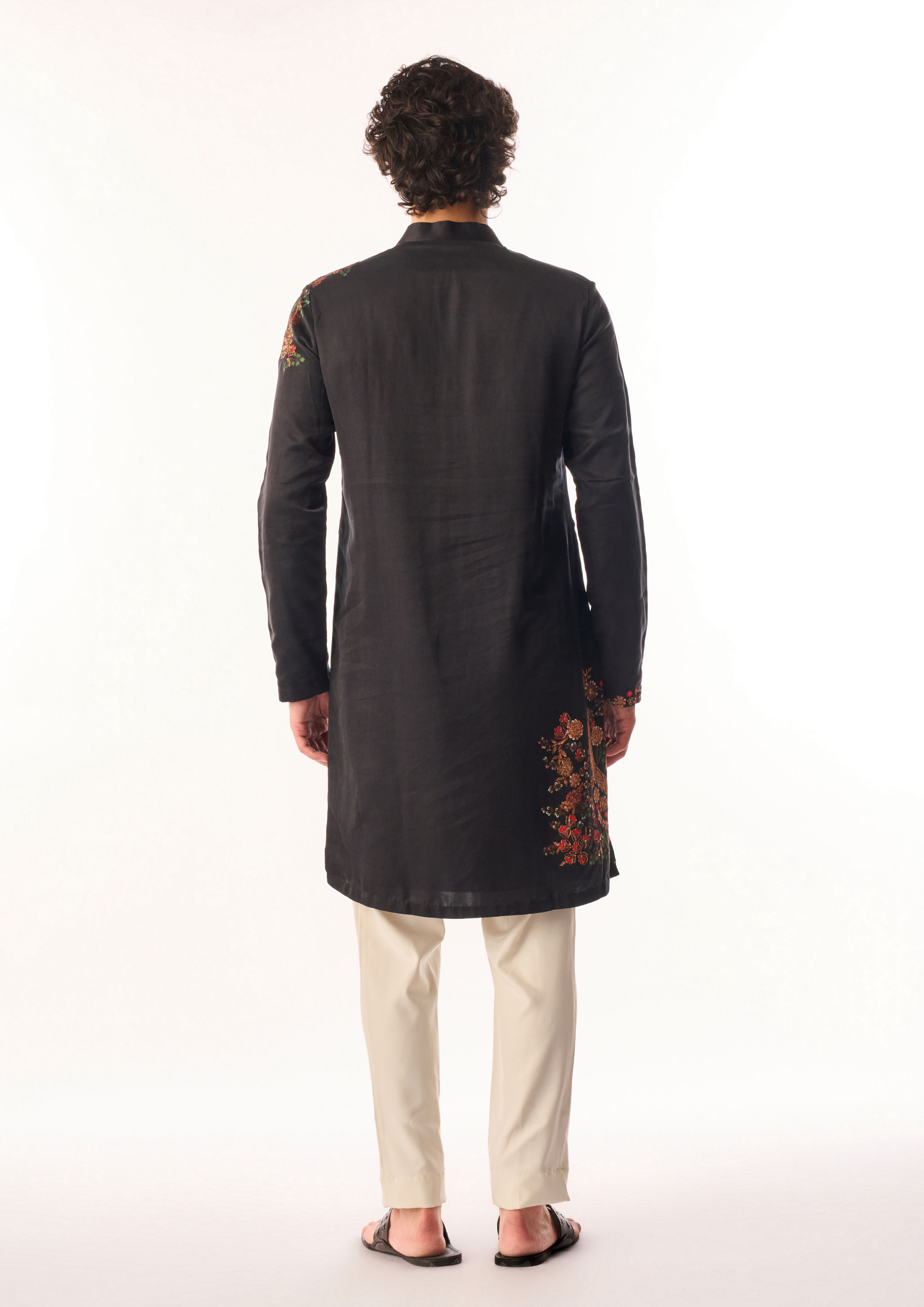 Twamev Men Black Satin Kurta Set with Embroidery