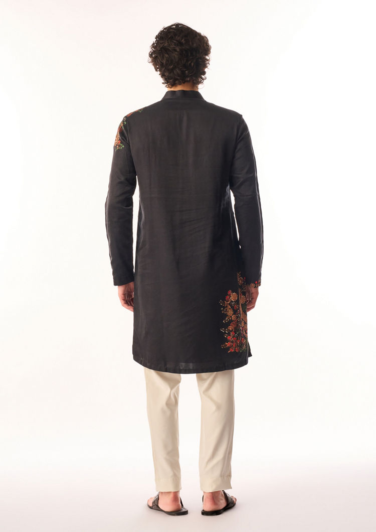 Twamev Men Black Satin Kurta Set with Embroidery