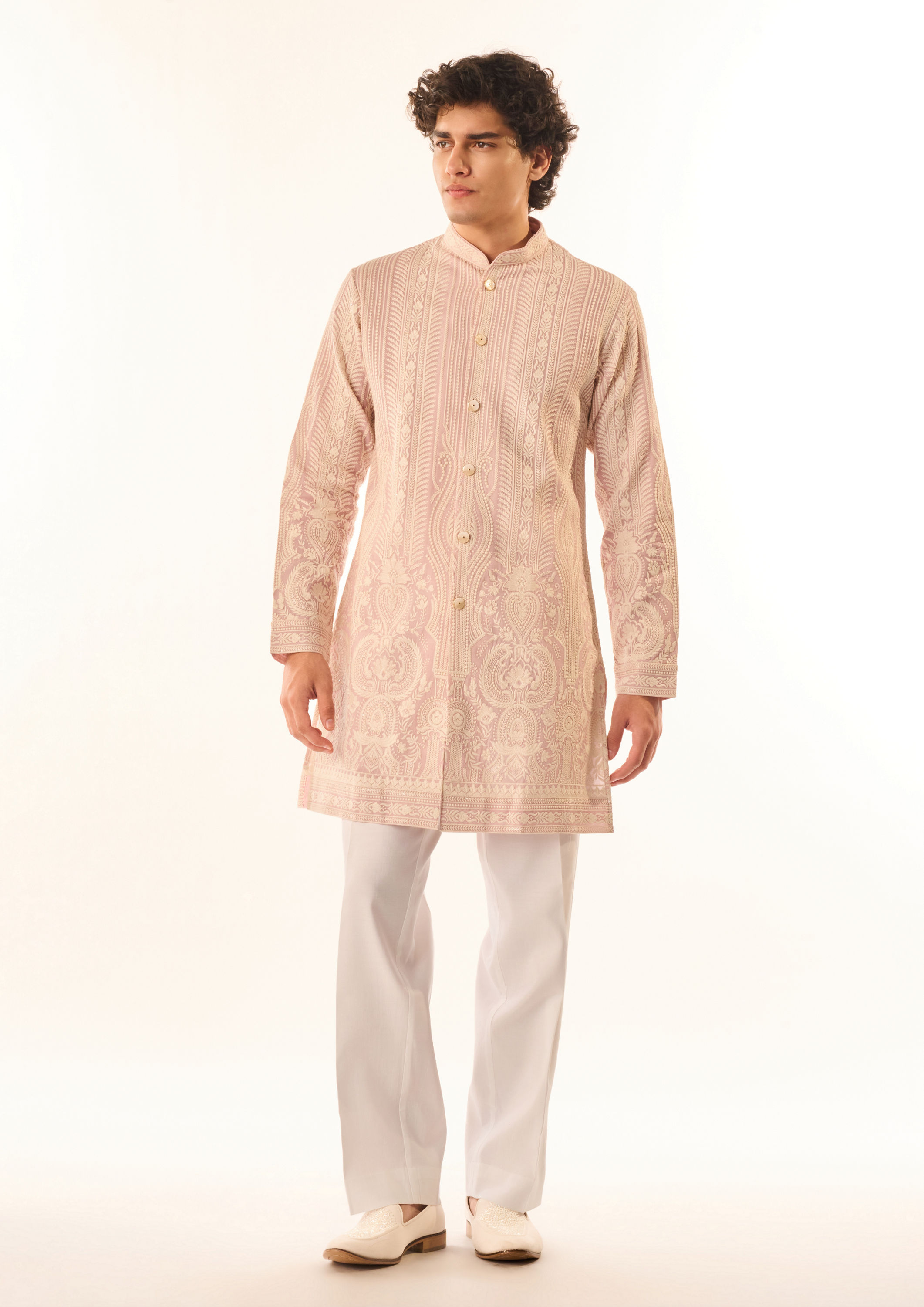 Twamev Men Pink Georgette Kurta Set with Embroidery