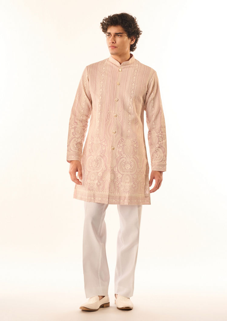 Twamev Men Pink Georgette Kurta Set with Embroidery