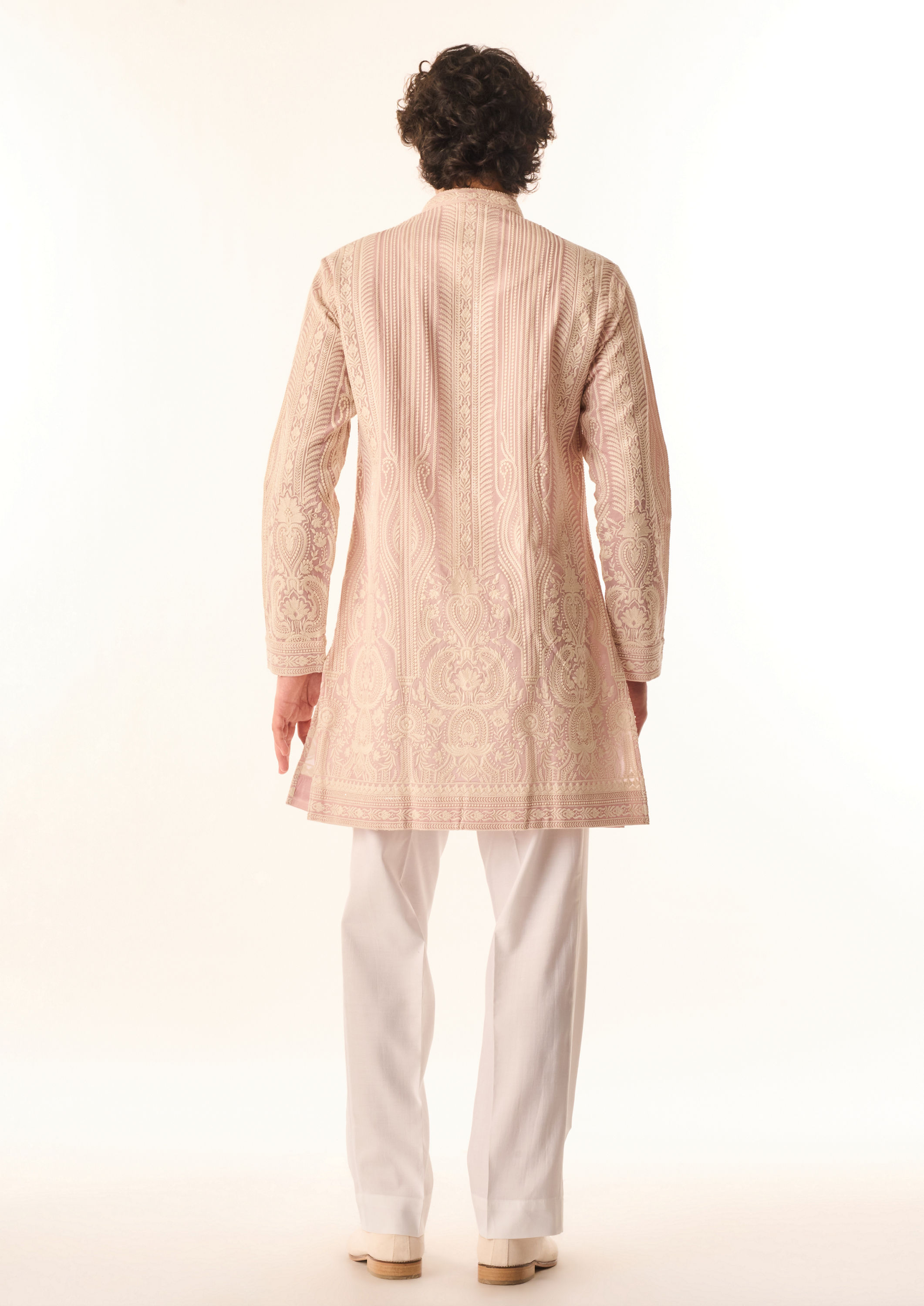 Twamev Men Pink Georgette Kurta Set with Embroidery