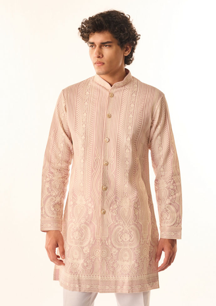 Twamev Men Pink Georgette Kurta Set with Embroidery