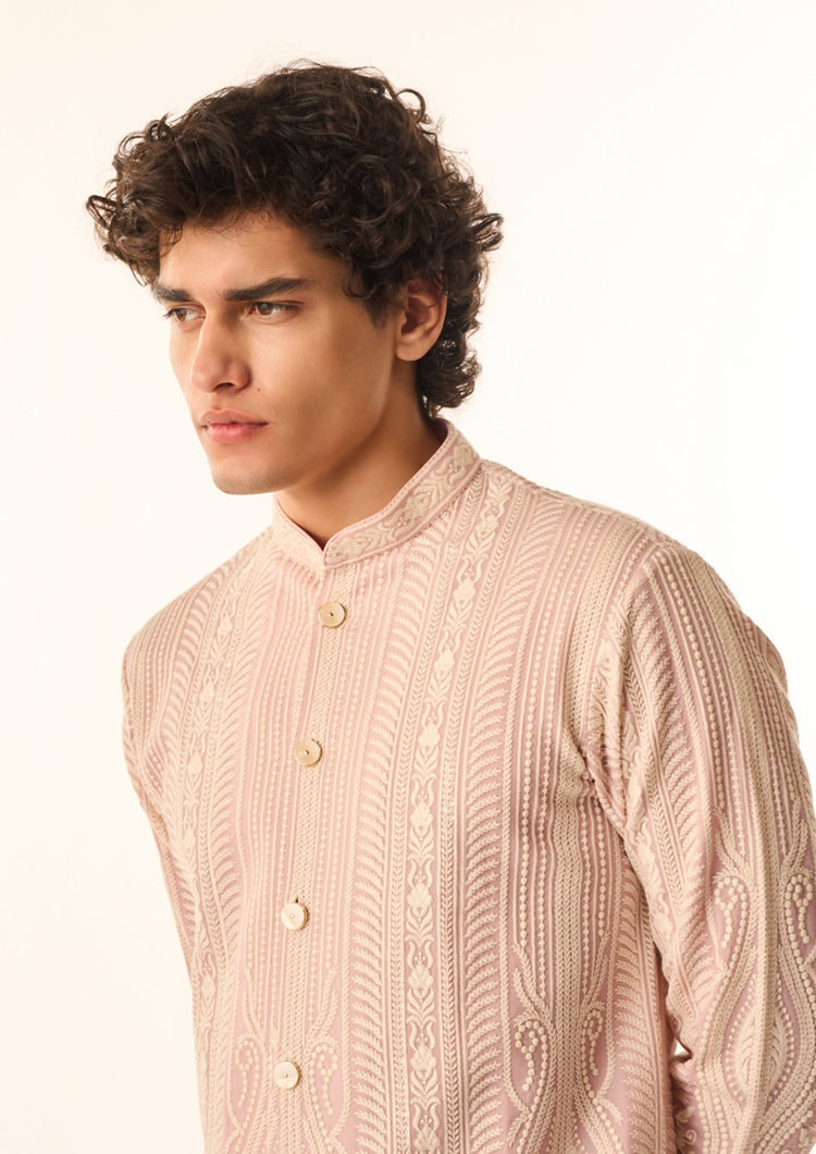 Twamev Men Pink Georgette Kurta Set with Embroidery