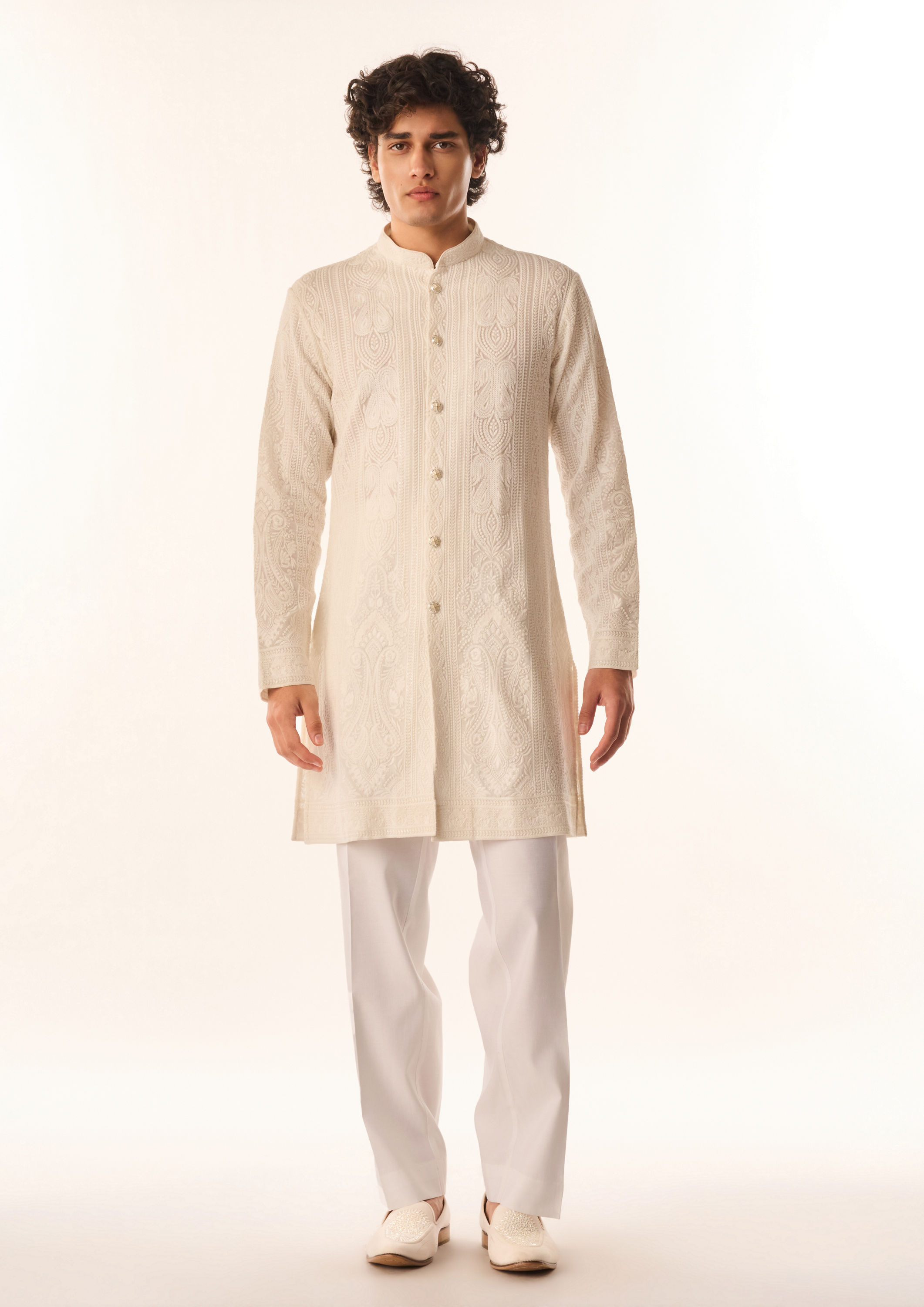 Twamev Men Cream Georgette Kurta Set with Embroidery