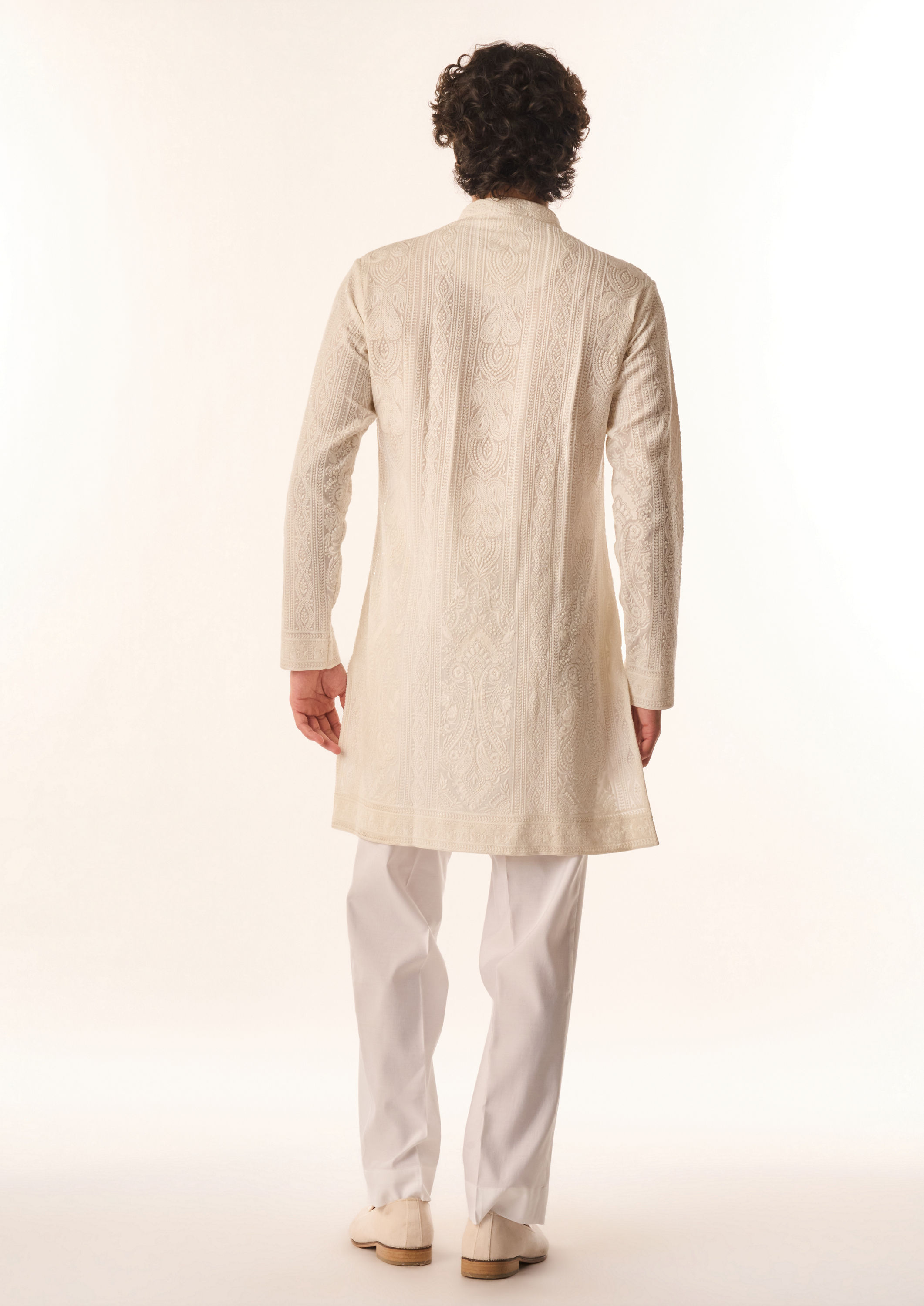Twamev Men Cream Georgette Kurta Set with Embroidery