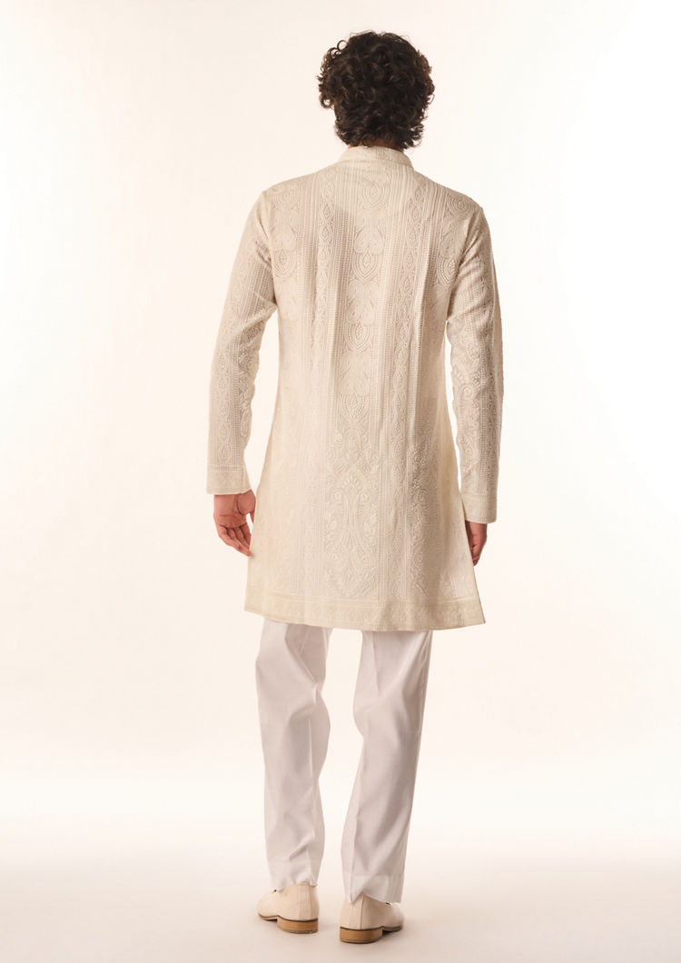 Twamev Men Cream Georgette Kurta Set with Embroidery